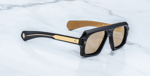 Eckige Jacques Marie Mage Decato | Bunker77 | Sunset Tower - Luxussonnenbrille mit schwarzem Rahmen und grau-goldenen Gläsern