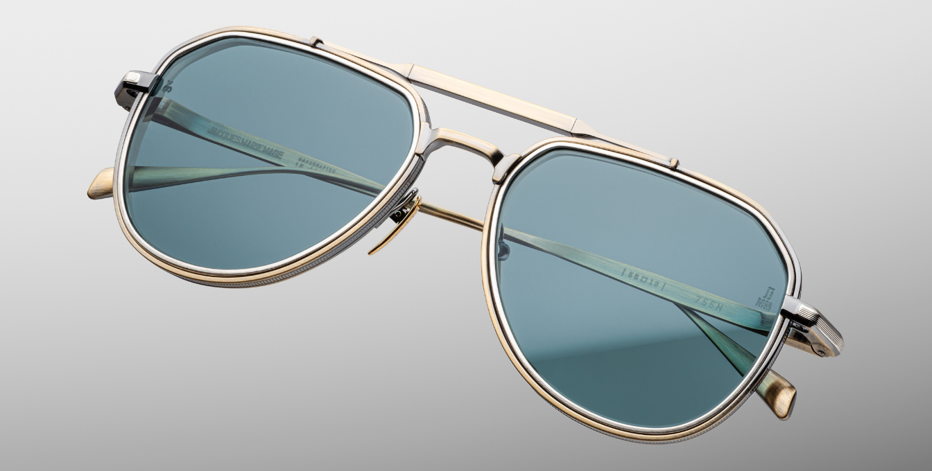 Jacques Marie Mage Admiral | Yellowstone VI | 755M Luxussonnenbrille mit antik goldenem Rahmen und blauen Gläsern