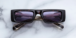 Jacques Marie Mage Rimbaud Beau - Eckige Luxussonnenbrille mit braunem Rahmen und lila Gläsern