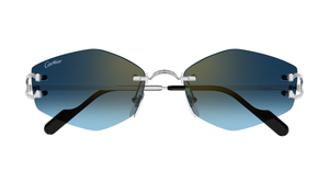 Cartier CT0620S 002 Rahmenlose Luxus-Sonnebrille in Silber mit blauen Gläsern