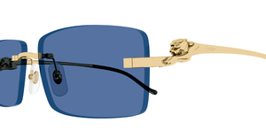 Rechteckige Cartier CT0430S | 004 Luxussonnenbrille in Gold mit blauen Gläsern, hergestellt in Italien