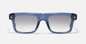 John Dalia P18 | C136 - Luxussonnenbrille mit blauem Rahmen und grauen Gläsern.