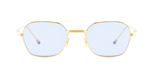 Thom Browne 936b 712 Rechteckige Sonnenbrille mit goldfarbenem Rahmen und hellblauen Gläsern