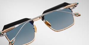 jacques marie mage last frontier worland hades eckige sonnenbrille in schwarz, silbe rund gold mit blauen gläsern