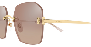 cartier 0591s 003 eckige, randlose sonnenbrille in gold mit braunen verspiegelten gläsern