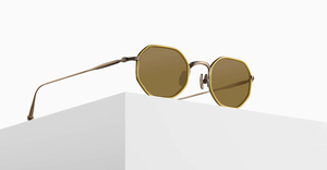 matsuda M3086-I_AntiqueGold-Yellow eckige sonnenbrille aus titan und acetat in gold und gelb mit braunen gläsern