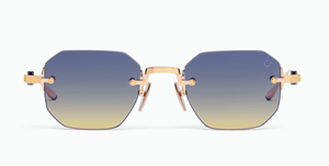akoni juno-one gold eckige randlose sonnenbrille in gold mit blau-gelben verlaufsgläsern
