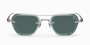 akoni jura deep emerald green eckige sonnenbrille in silber und grün mit grünen gkäsern
