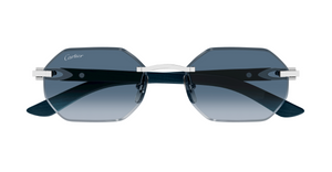 cartier 0439s 007 eckige randlose sonnenbrille in silber mit blauen gläsern