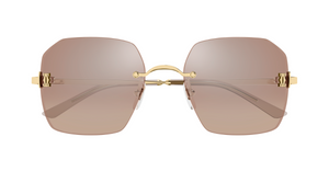 cartier 0591s 003 eckige, randlose sonnenbrille in gold mit braunen verspiegelten gläsern