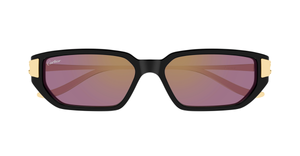 cartier CT0674S 004 eckige sonnenbrille aus acetat und metal in schwarz und gold mit violetten gläsern