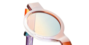 kuboraum I02 pnl runde sonnenbrille in violett und orange mit grün-orangenen verlaufsgläsern