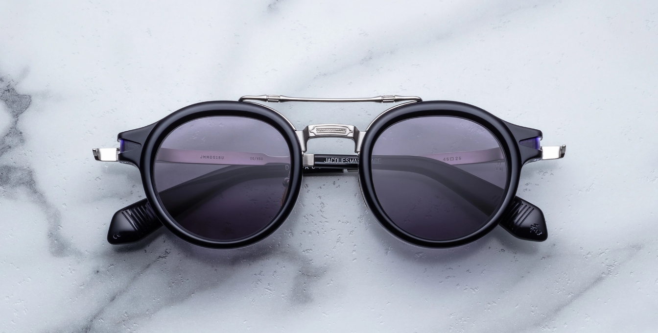 jacques marie mage delage hudson runde sonnenbrille in blaue und silber mit blauen gläsern