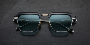 jacques marie mage last frontier worland hades eckige sonnenbrille in schwarz, silbe rund gold mit blauen gläsern