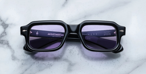 jacques marie mage sandro maverick eckige sonnenbrille in schwarz und transparent mit violetten gläsern