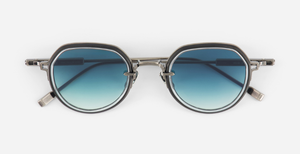 Sato Belell II AS/BB-1 pantoförmige sonnenbrille aus titan in silber und schwarz mit blauen verlaufsgläser