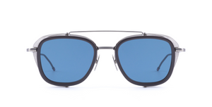 thom browne 808a 020 Rechteckige Sonnenbrille mit schwarzem silbernem Rahmen und blauen Gläsern