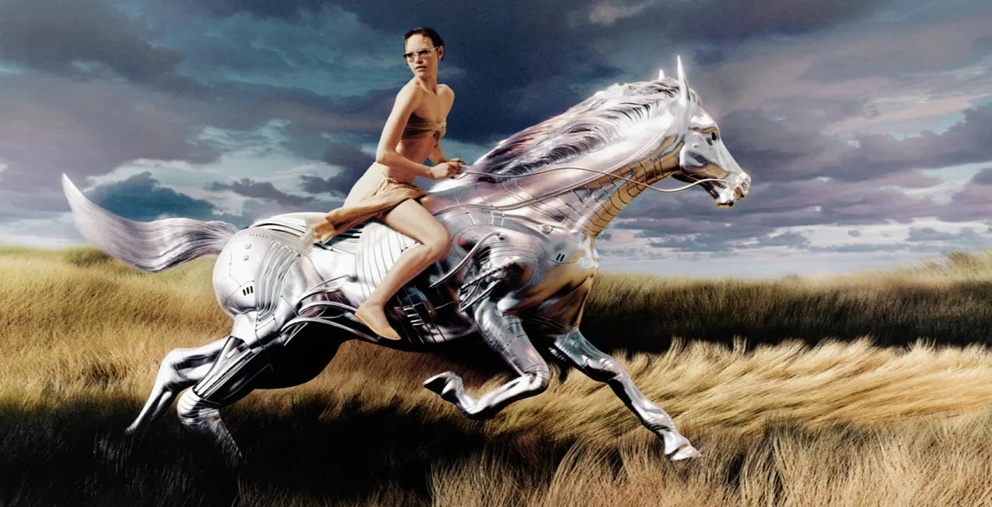 model on a horse wearing sato sunglasses