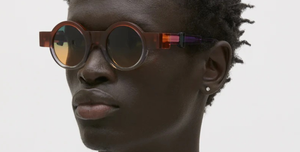 kuboraum I02 pnl runde sonnenbrille in violett und orange mit grün-orangenen verlaufsgläsern