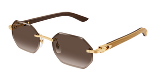 Cartier 0439s 006 eckige randlose sonnenbrille in gold und gelb mit braunen gläsern