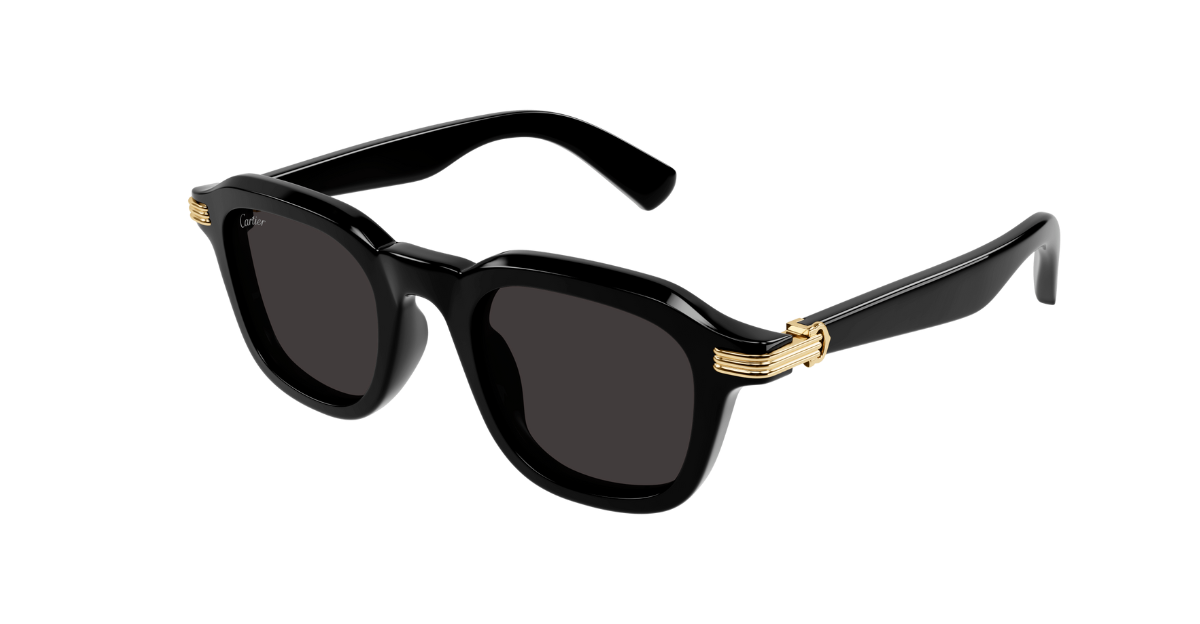 cartier 0536S 001 eckige sonnenbrille in schwarz mit grauen gläsern
