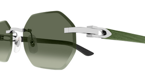 cartier 0439 008 eckige randlose sonnenbrille in silber und grün mit grünen gläsern