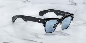 jacques marie mage bugsy black cateye sonnenbrille in schwarz und silber mit blauen gläsern