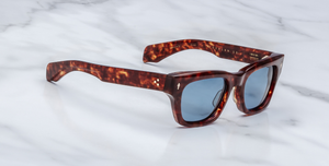 jacques marie mage dealan 53 breccia eckige sonnenbrille in havana mit blauen gläsern