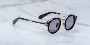 jacques marie mage delage hudson runde sonnenbrille in blaue und silber mit blauen gläsern