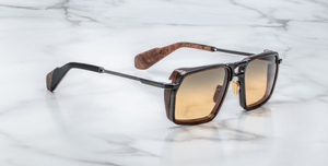 jacques marie mage gt-r boa eckige sonnenbrille in schwarz und braun mit braunen gläsern