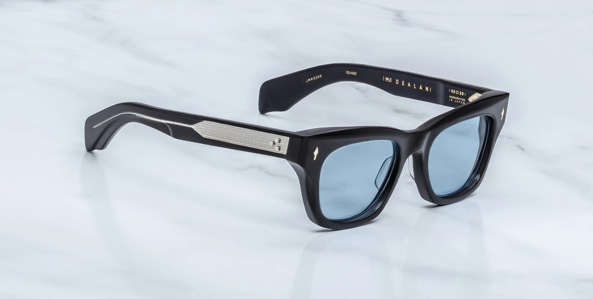 JMM Dealan Obscure - Eckige Luxussonnenbrille in Schwarz mit blauen Gläsern in limitierter Auflage, handgefertigt in Japan