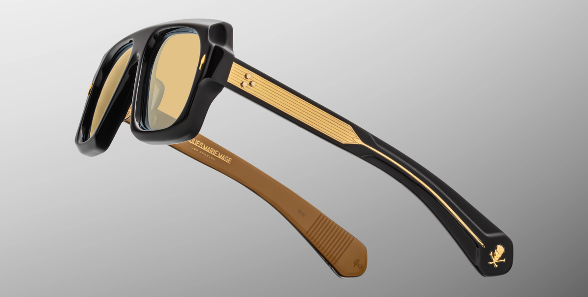 Eckige Jacques Marie Mage Decato | Bunker77 | Sunset Tower - Luxussonnenbrille mit schwarzem Rahmen und grau-goldenen Gläsern
