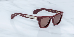 Eckige JMM Dealan Bordeaux Empire - Luxussonnenbrille in Rot mit braunen Gläsern in limitierter Auflage, handgefertigt in Japan