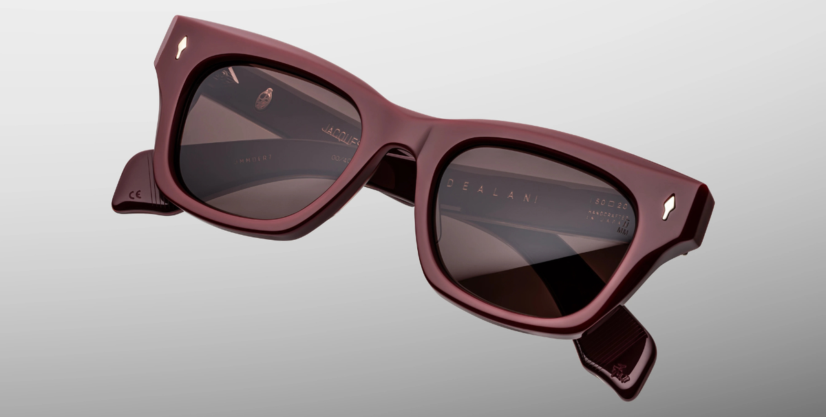Eckige JMM Dealan Bordeaux Empire - Luxussonnenbrille in Rot mit braunen Gläsern in limitierter Auflage, handgefertigt in Japan