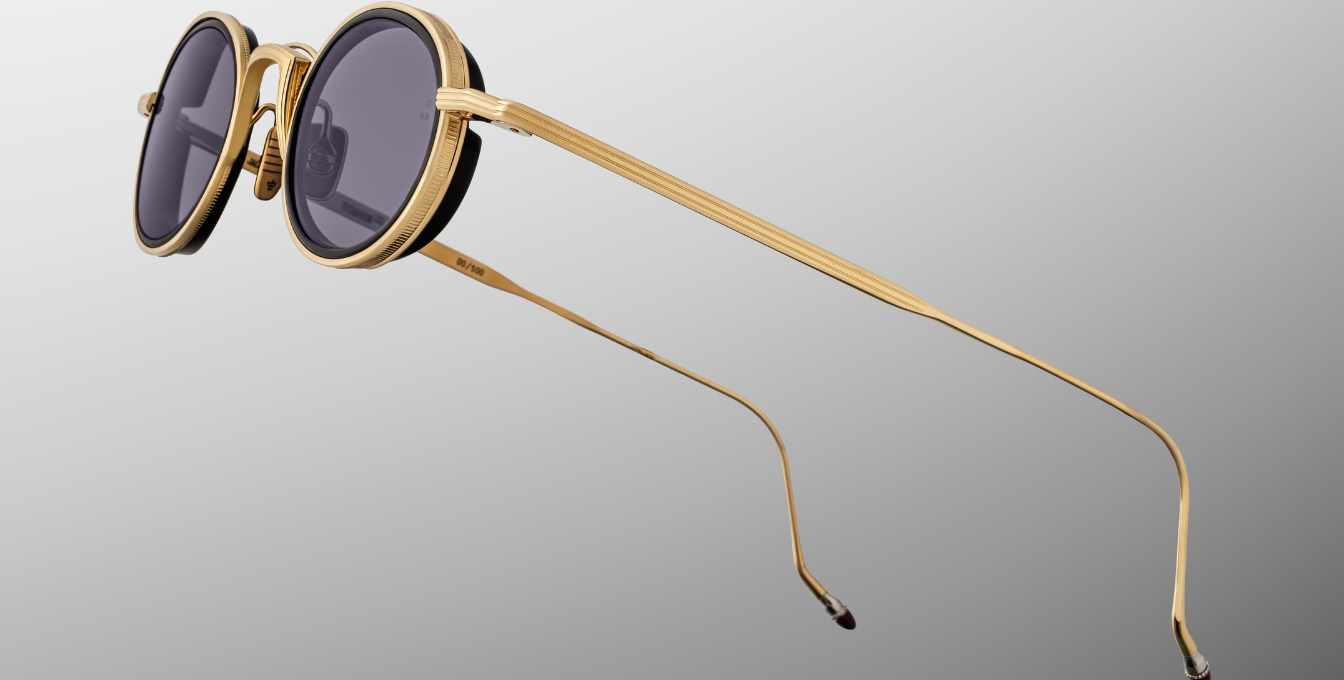 Jacques Marie Mage Varda | Ebony ovale Luxus-Sonnenbrille mit goldenem Rahmen und lila Gläsern