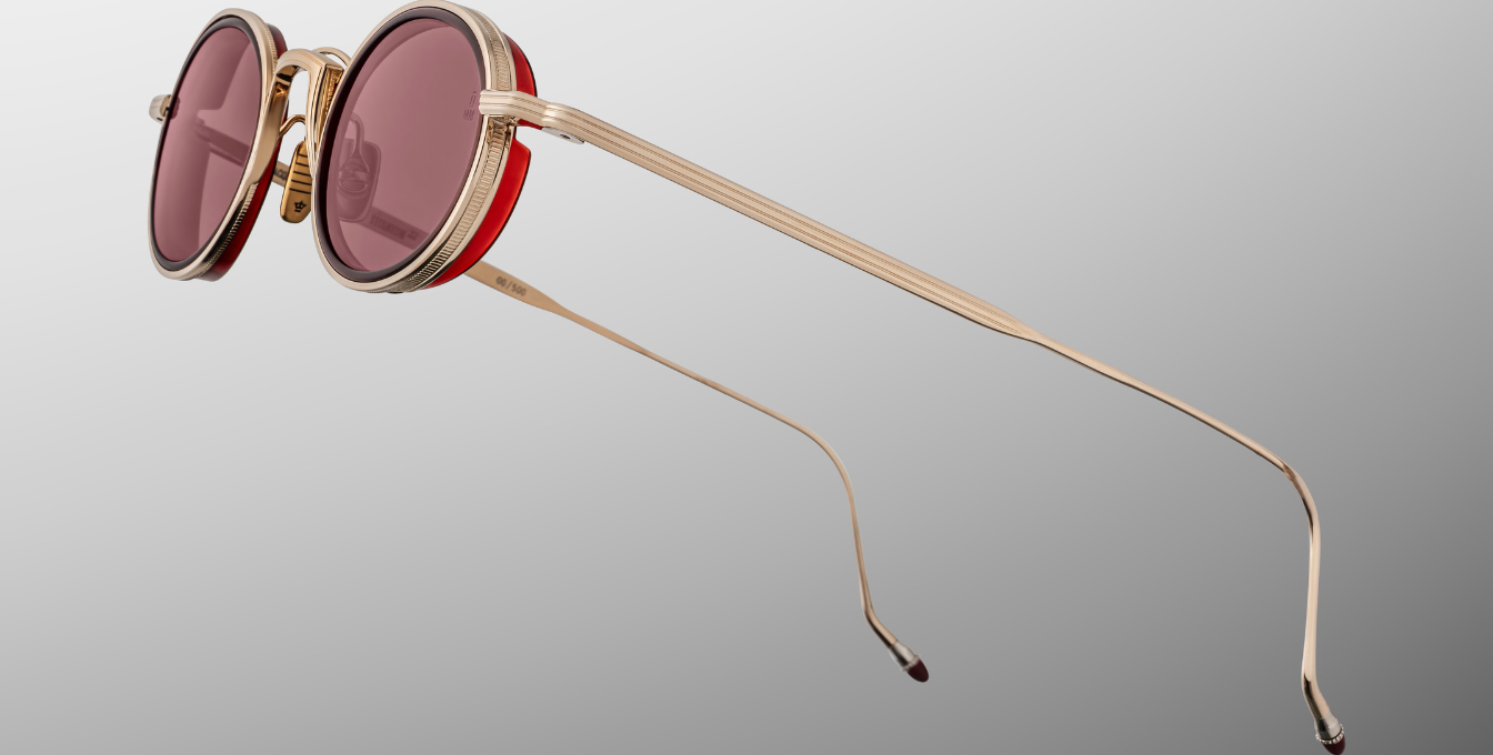 Jacques Marie Mage Varda Champagne ovale Luxus-Sonnenbrille mit goldenem Rahmen und roten Gläsern