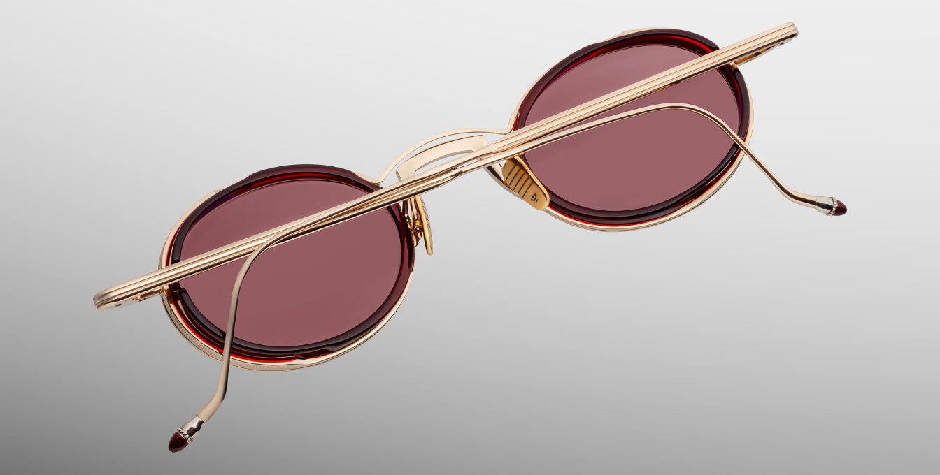 Jacques Marie Mage Varda Champagne ovale Luxus-Sonnenbrille mit goldenem Rahmen und roten Gläsern