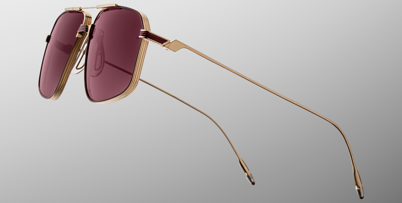 Jacques Marie Mage Jagger Champagne Luxussonnenbrille mit goldenem Rahmen und roten Gläsern