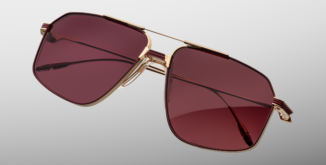 Jacques Marie Mage Jagger Champagne Luxussonnenbrille mit goldenem Rahmen und roten Gläsern
