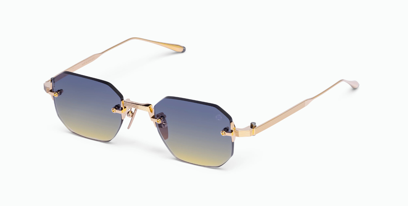 Akoni Juno - One Gold - Luxus-Sonnebrille aus Japan in Gold mit blau gelben Gläsern