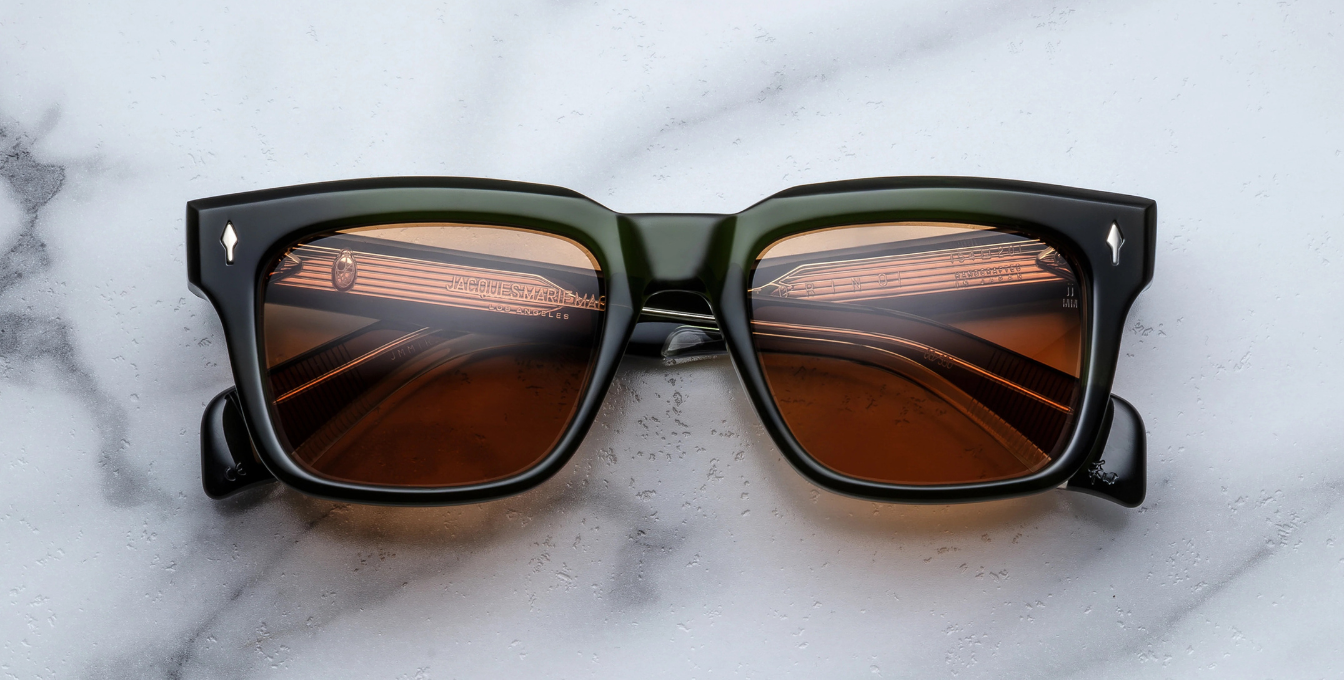 Jacques Marie Mage Torino Borneo - Luxussonnenbrille, handgemacht in Japan mit grünem Bügel und orangenen Gläsern