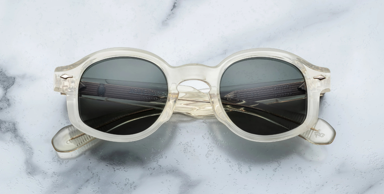 Jacques Marie Mage Petrus Brut - Luxussonnenbrille, handgemacht in Japan mit transparentem Bügel und grünen Gläsern