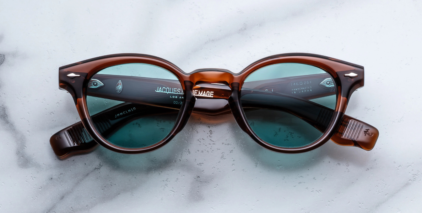 Jacques Marie Mage Clemens Hickory - Luxussonnenbrille, handgemacht in Japan mit braunem Bügel und türkisen Gläsern