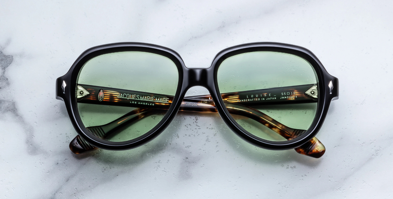 Jacques Marie Mage Louise Londres - Aviatorförmige limitierte Luxussonnenbrille, handgefertigt in Japan mit schwarzen Bügeln und Deep Grass Gläsern. 