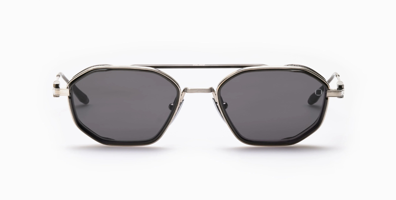 Akoni Eris-Brushed Silver - Brushed Black Rhodium - Eckige Luxus-Sonnenbrille aus Titan in Silber mit grauen Gläsern, hergestellt in Japan