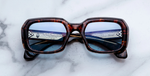 Jacques Marie Mage Aldo Argyle - Luxus-Sonnenbrille handgefertigt in Japan mit braunem Rahmen und blauen Gläsern in Eckig 