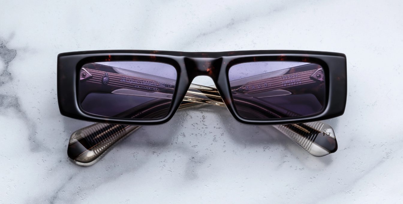 Jacques Marie Mage Rimbaud Beau - Eckige Luxussonnenbrille mit braunem Rahmen und lila Gläsern