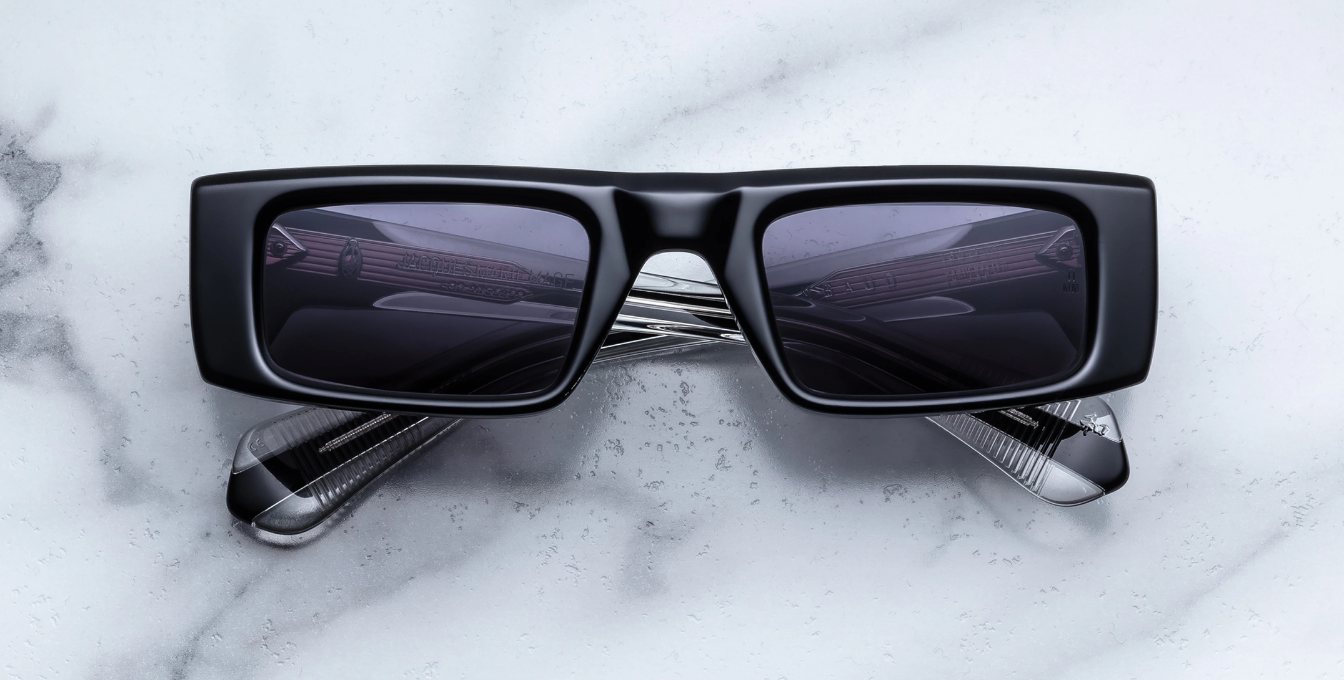 Jacques Marie Mage Rimbaud Titan - Eckige Luxussonnenbrille mit schwarzem Rahmen und grau-lila Gläsern