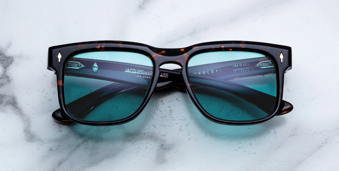 Jacques Marie Mage Wesley Aegen - Luxus-Sonnenbrille handgefertigt in Japan mit eckigen braunem Rahmen und blauen Gläsern