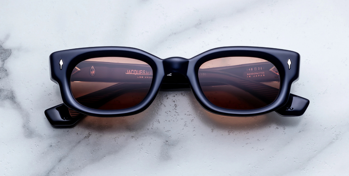 Rechteckige Jacques Marie Mage Whiskeyclone Minuit - Luxussonnenbrille mit blauem Rahmen und rot braunen Gläsern
